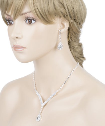 Bridal Wedding Jewelry Set Necklace Earring Crystal Rhinestone V Drop