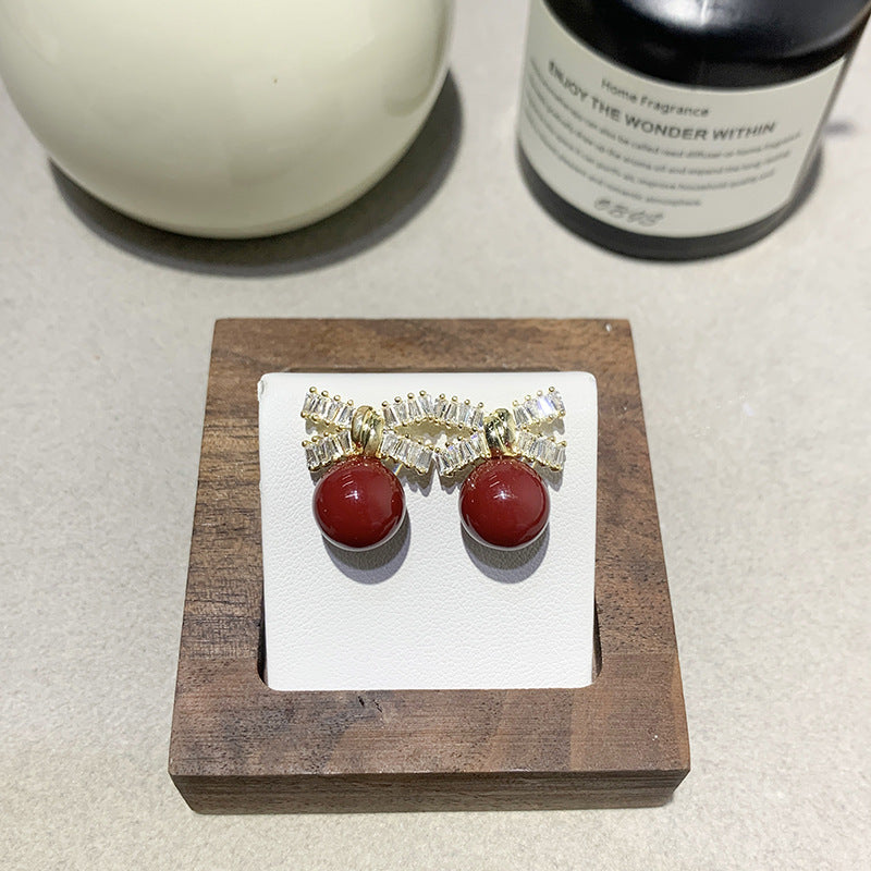 Silver Needle Micro Inlaid Zircon Bow Pearl Earrings