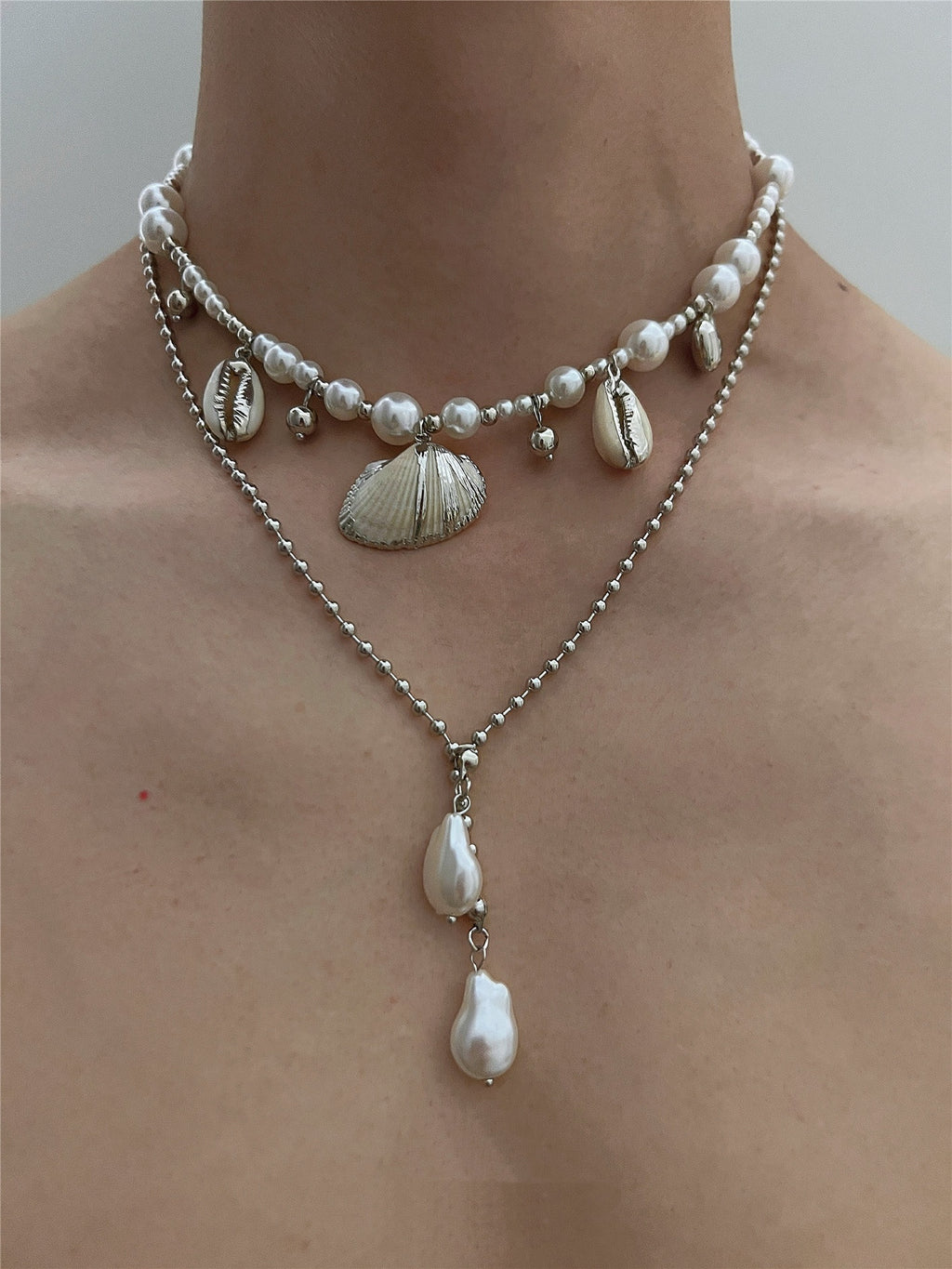 Beach Seashell ImitationPearl Pendant Double Layer Necklace