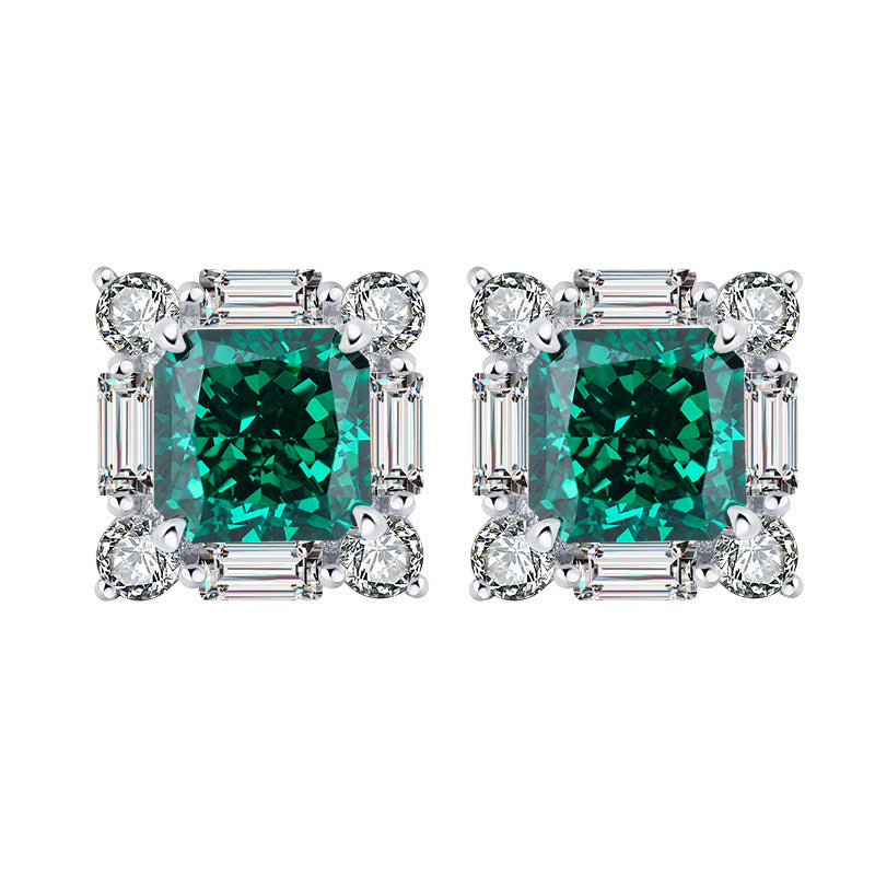 S925 Silver High Carbon Emerald Diamond Princess Square Diamond Set