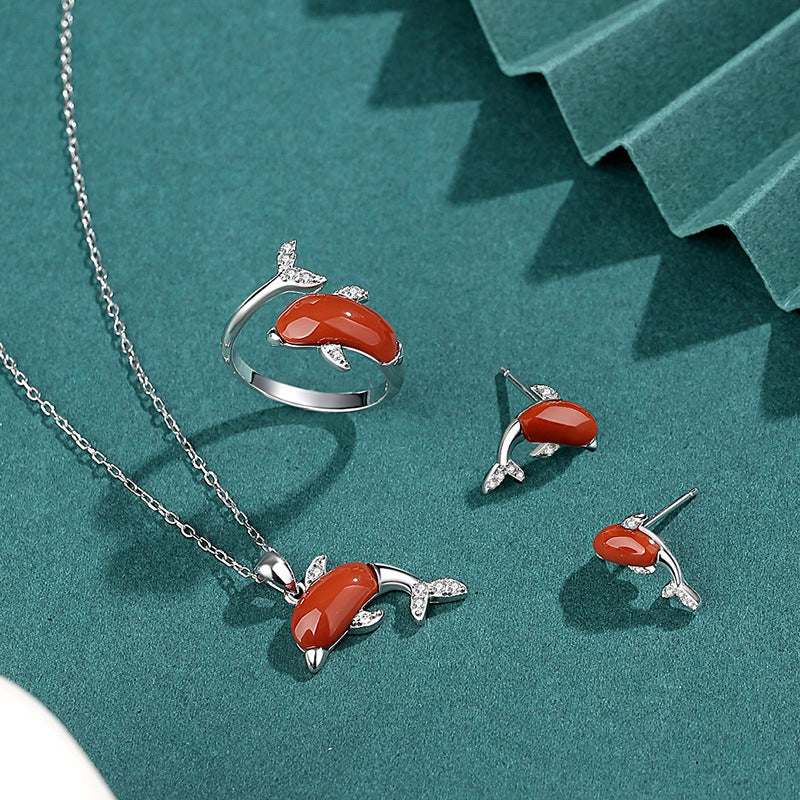 S925 Sterling Silver Gold-plated Southern Red Agate Necklace Dolphin Love Women's Small Cute Suit