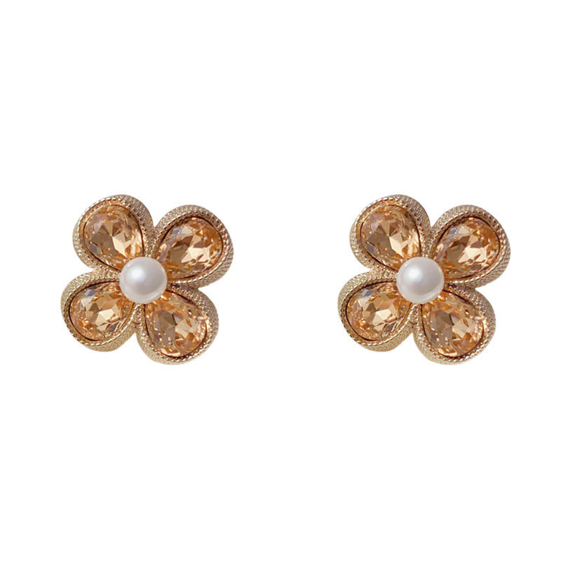 Coffee Color Rhinestone Pearl Petal Stud Earrings