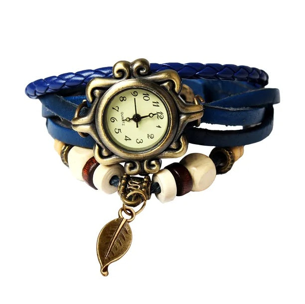 Beautiful Bohemian Style Retro Handmade Leather Tree Leaf Women's Watches Blue