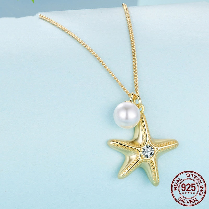 S925 Sterling Silver Gold Plated Starfish Pearl Pendant Necklace