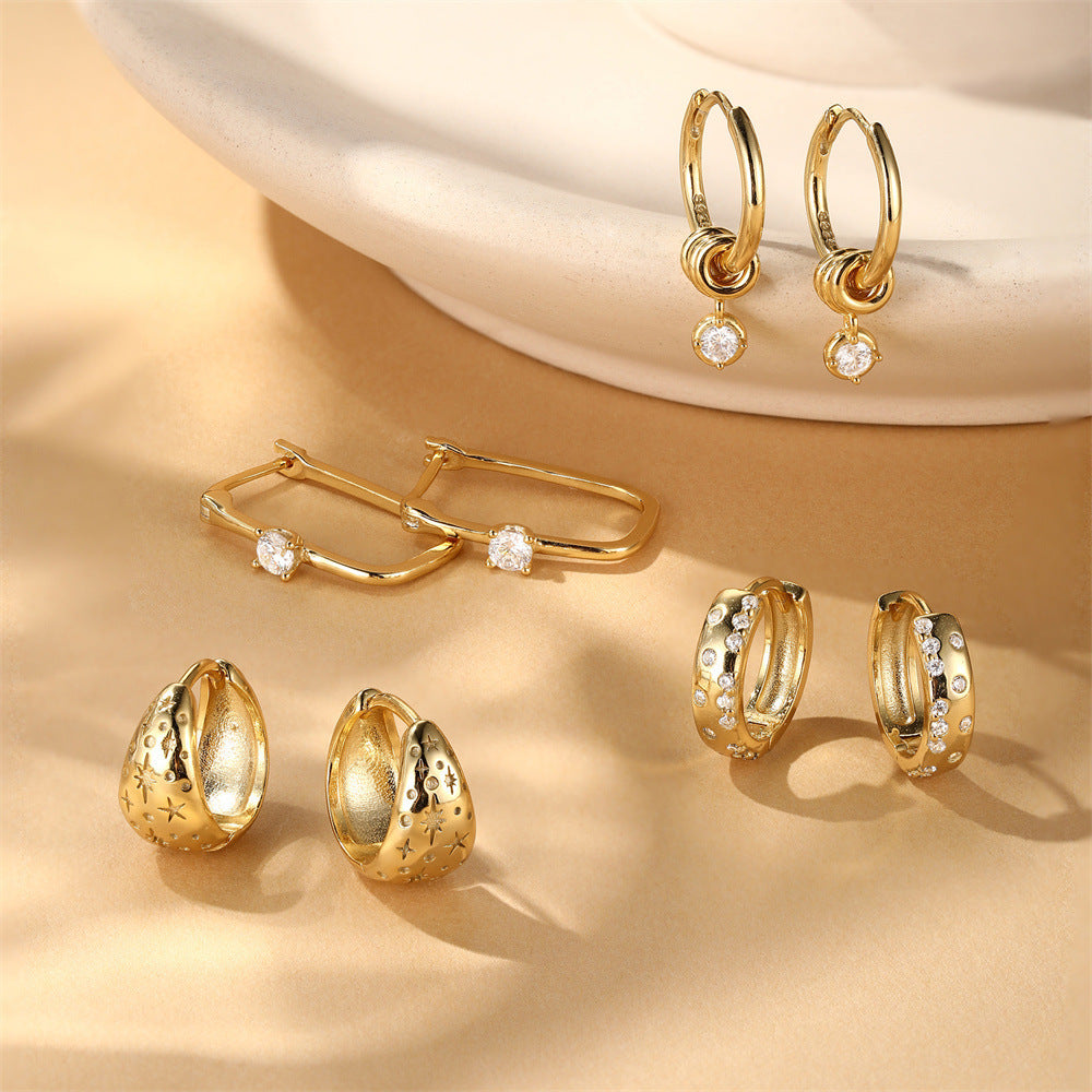 S925 Sterling Silver Geometric Wide Face Diamond XINGX Ring Ear Ring