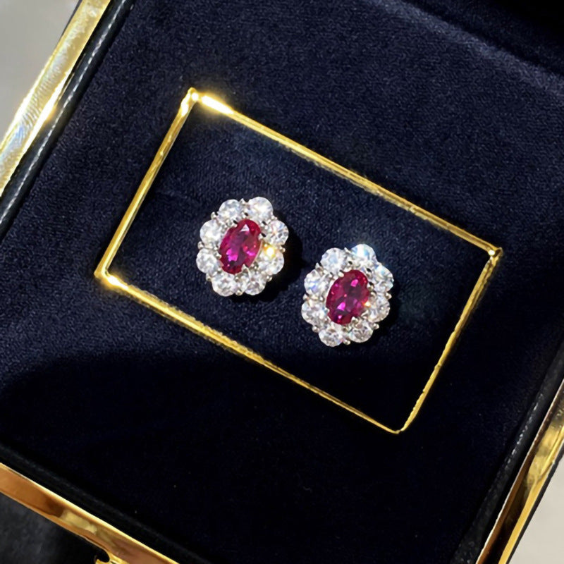 Simulated Ruby Oval Fashion Trendy Temperament Earrings