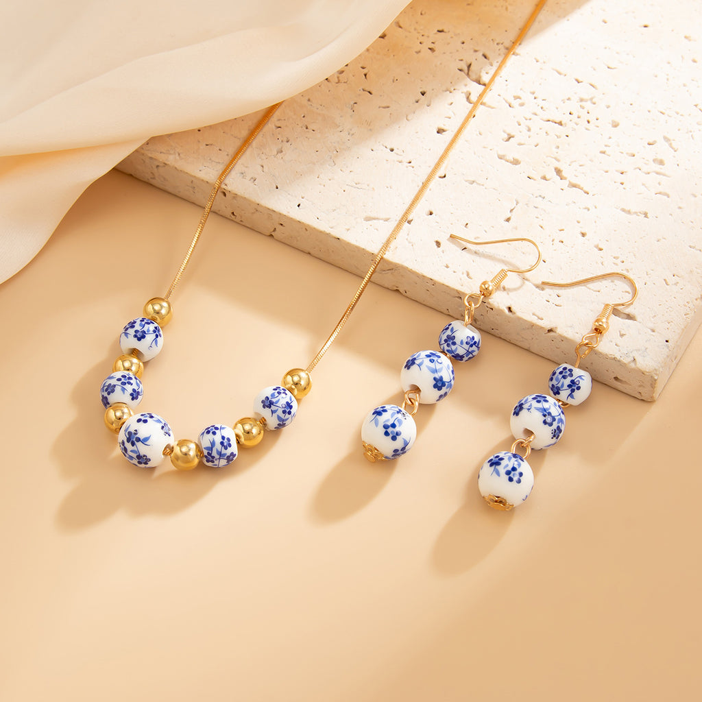 Blue And White Porcelain Round Beads Tassel Necklace Simple All-match Flower Earrings