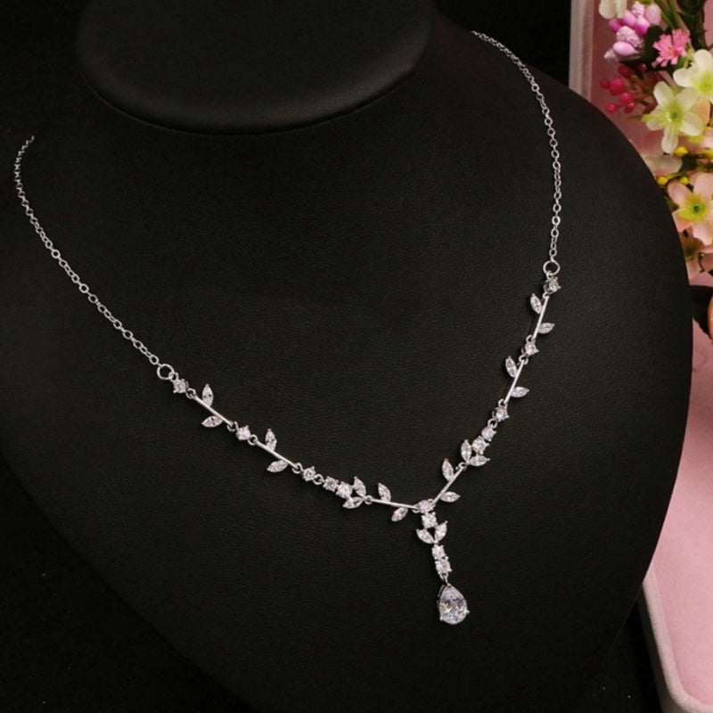 Simple Bridal Zircon Wedding Handmade Ornament Necklace And Earrings Suite