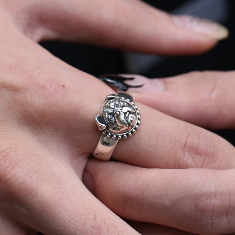 Thai Silver Retro Personality Dog Ring Trendy Adjustable