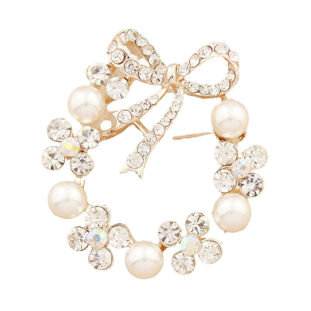 Pearl Rhinestone Bow Accessory Pin Brooch For Women