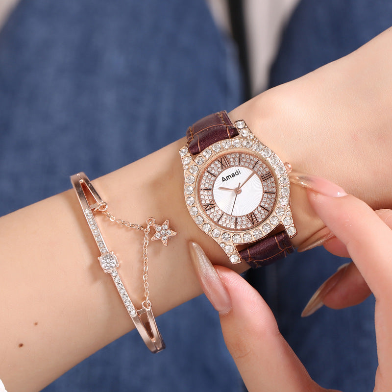 Women's Diamond-embedded Roman Face Simple Fashion All-match Quartz Watch Gift Box
