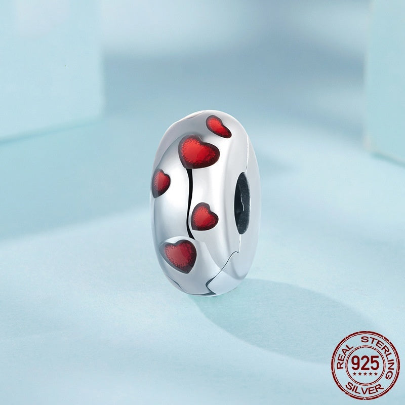 Red Heart-shaped Oil Dripping Heart-shaped S925 Sterling Silver Spacer Beads