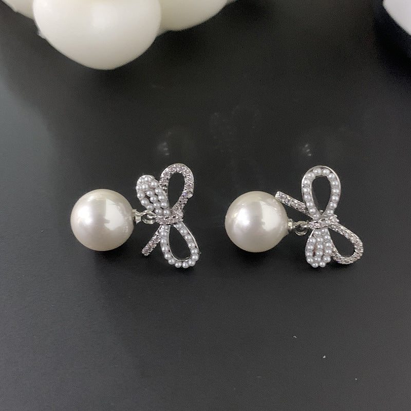 French Retro Zircon Bow Pearl Earrings