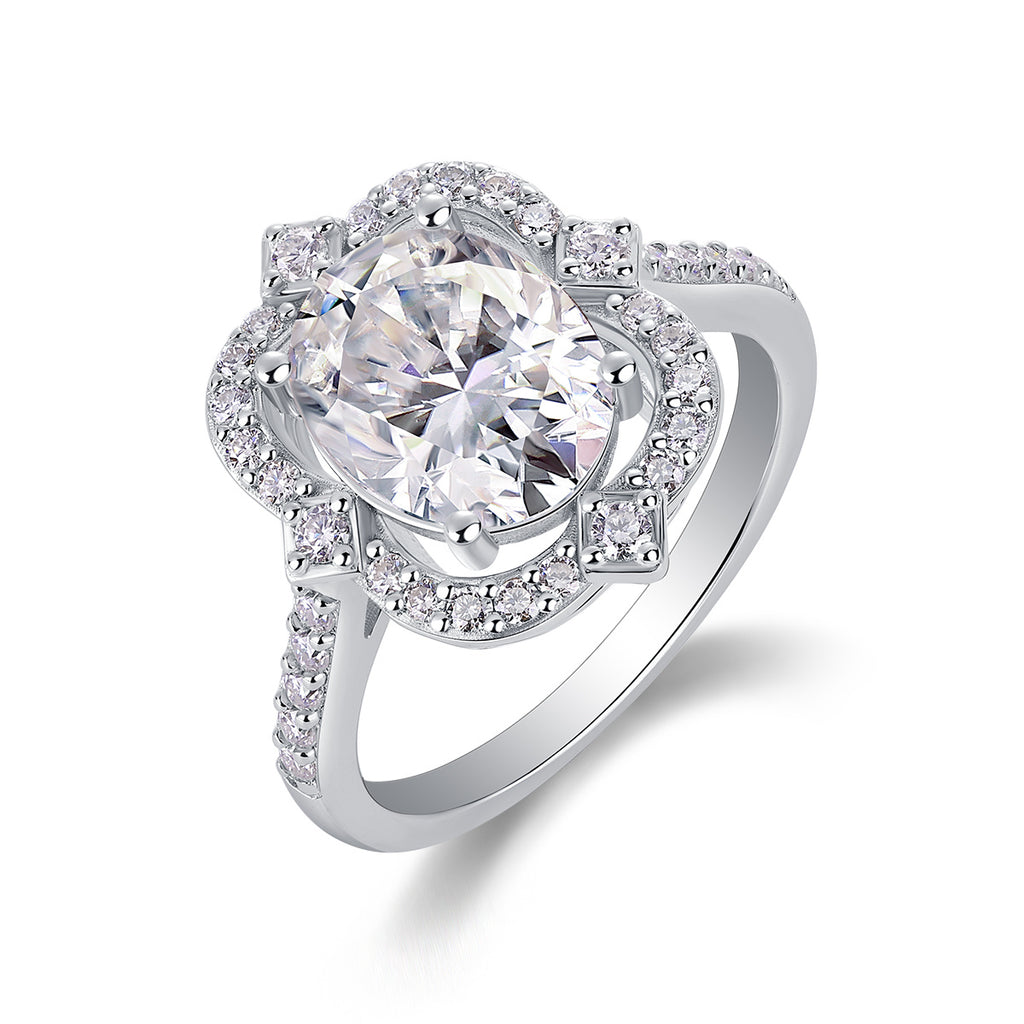 Camellia - Set With Top-quality Egg-shaped Moissanite S925 Silver And Platinum-plated Diamond Wedding Ring. The Ring Can Be Inspected With A Diamond Pen