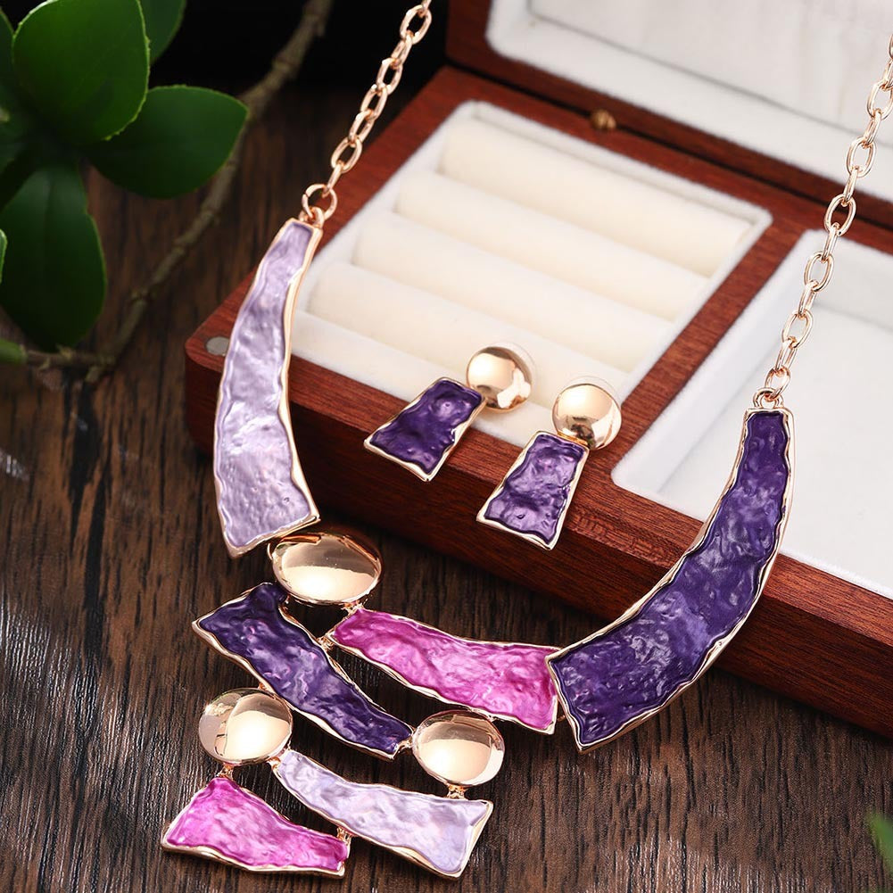 Female Colored Oil Geometric Irregular Earnail Necklace Set