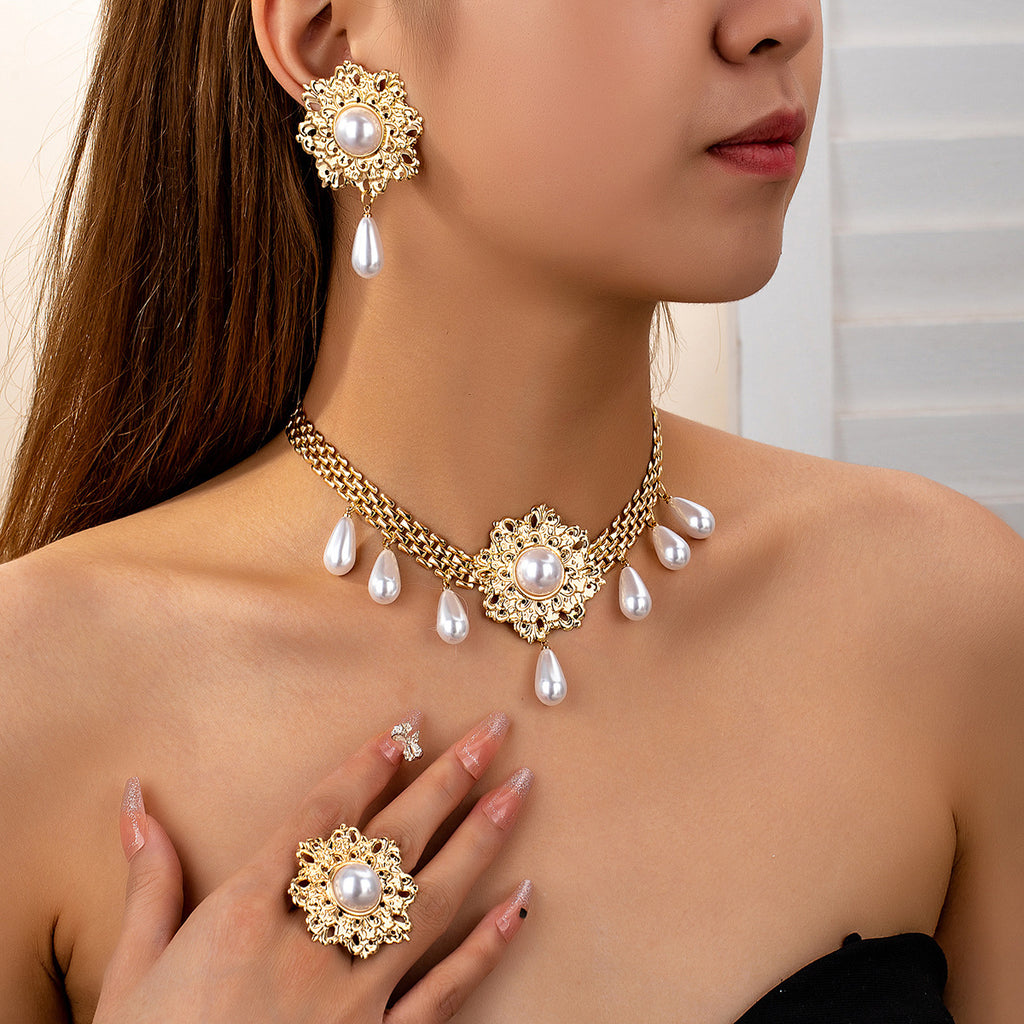 French Retro Hollow Flower Pearl Tassel Necklace Ear Stud Ring