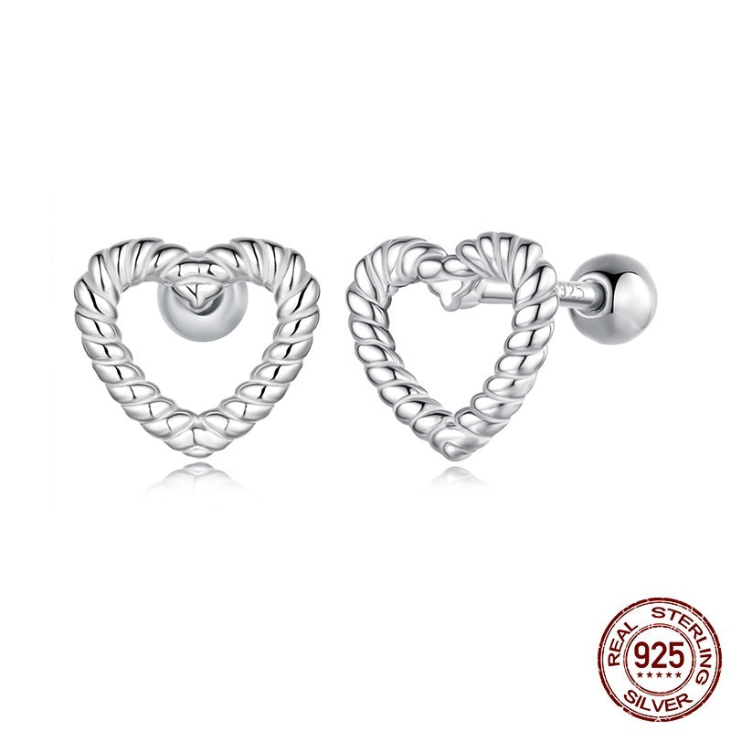 S925 Sterling Silver Hollow Twist Love Heart Stud Earrings