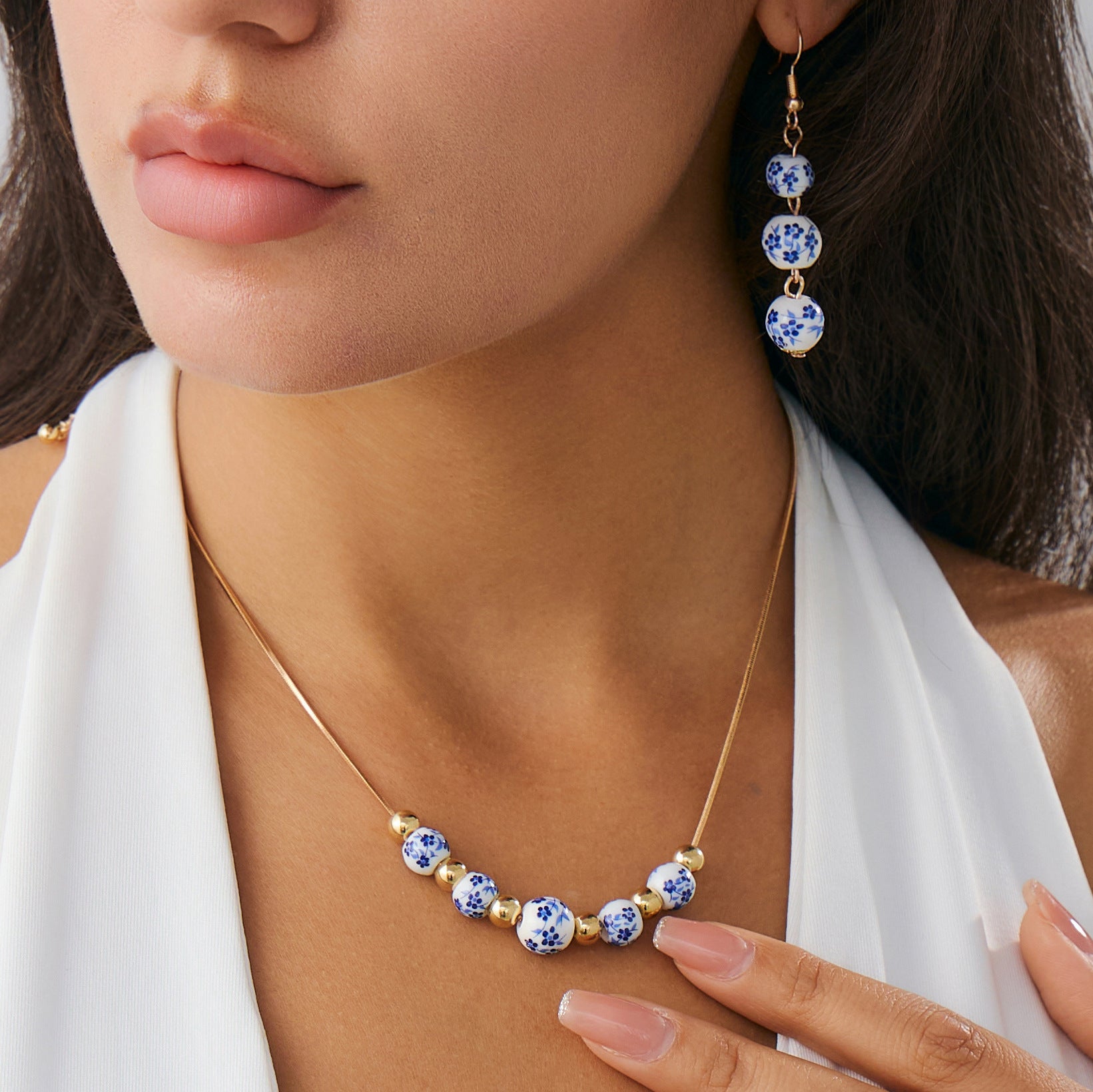 Blue And White Porcelain Round Beads Tassel Necklace Simple All-match Flower Earrings