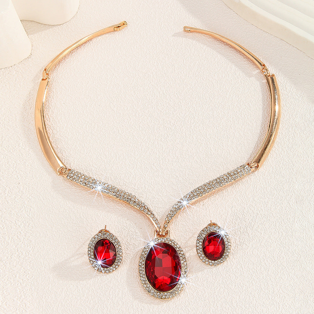 Gold Zinc Alloy Inlaid White Rhinestone Red Crystal Necklace And Earrings Suite