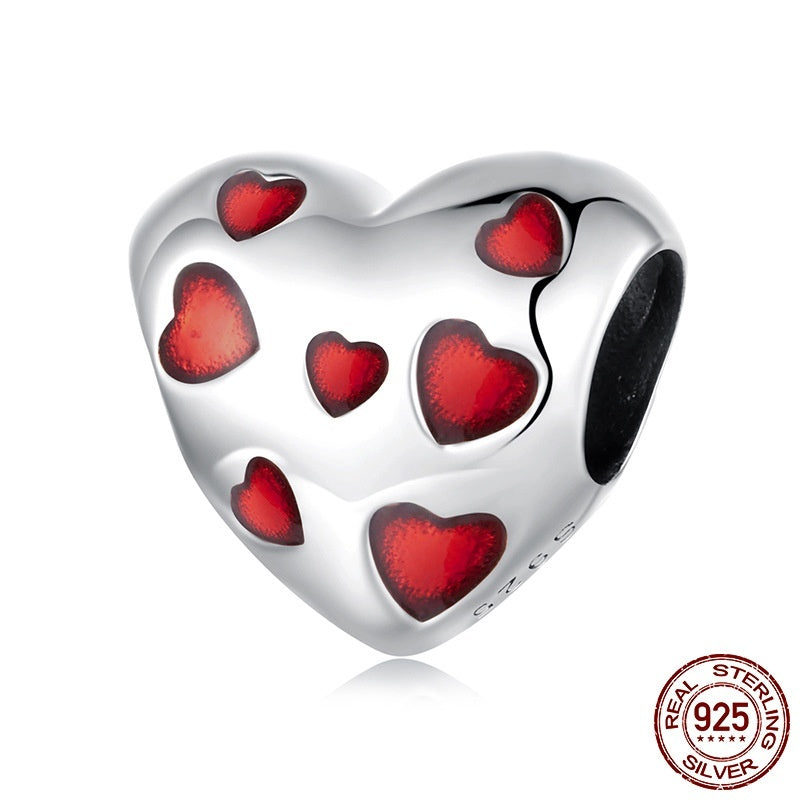 S925 Sterling Silver Red Heart-shaped Beaded