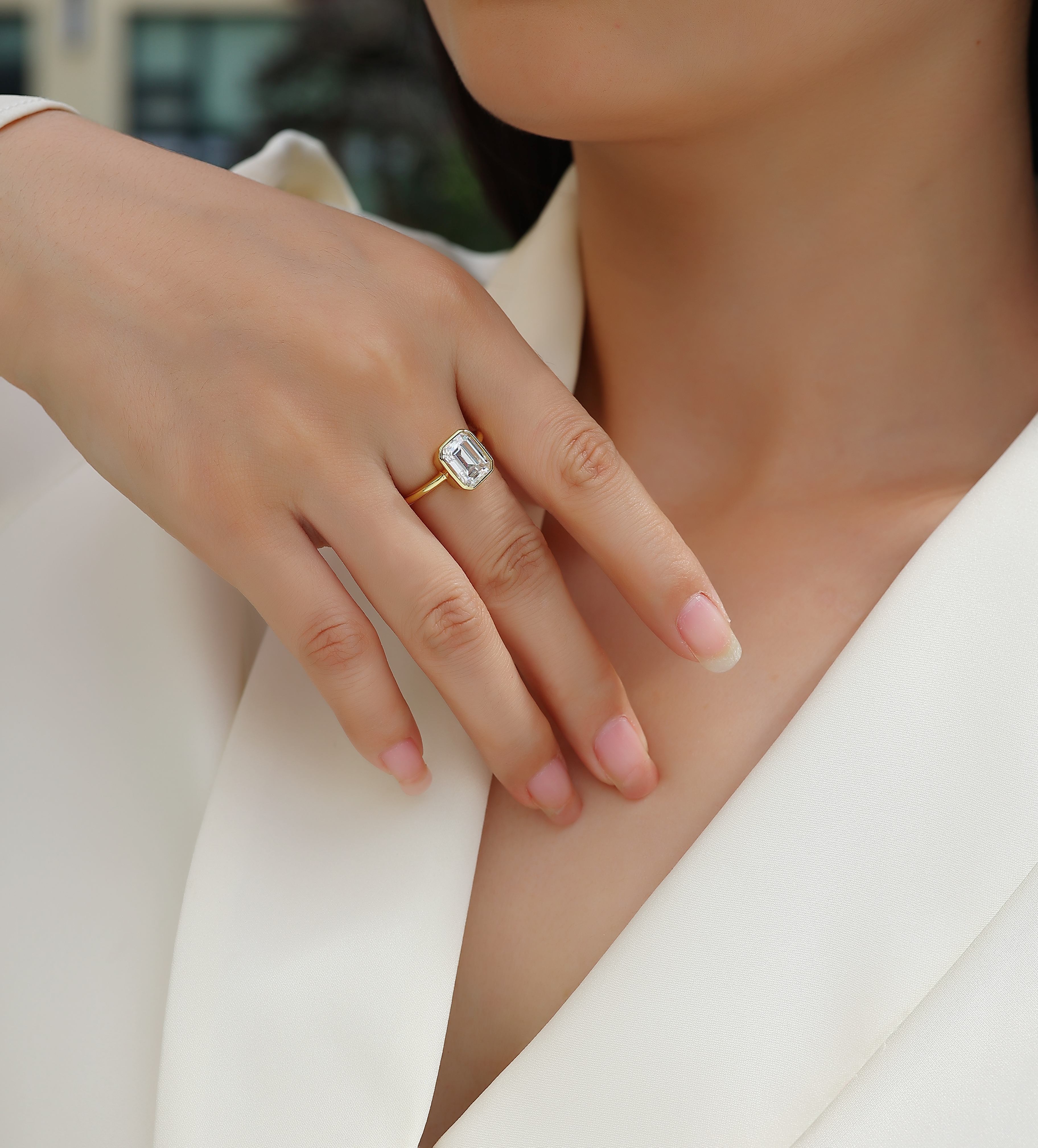 Pagoda - Set With Top-quality Octagonal Moissanite S925, Silver And Platinum-plated Diamond Wedding Ring. The Ring Can Be Inspected With A Diamond Pen