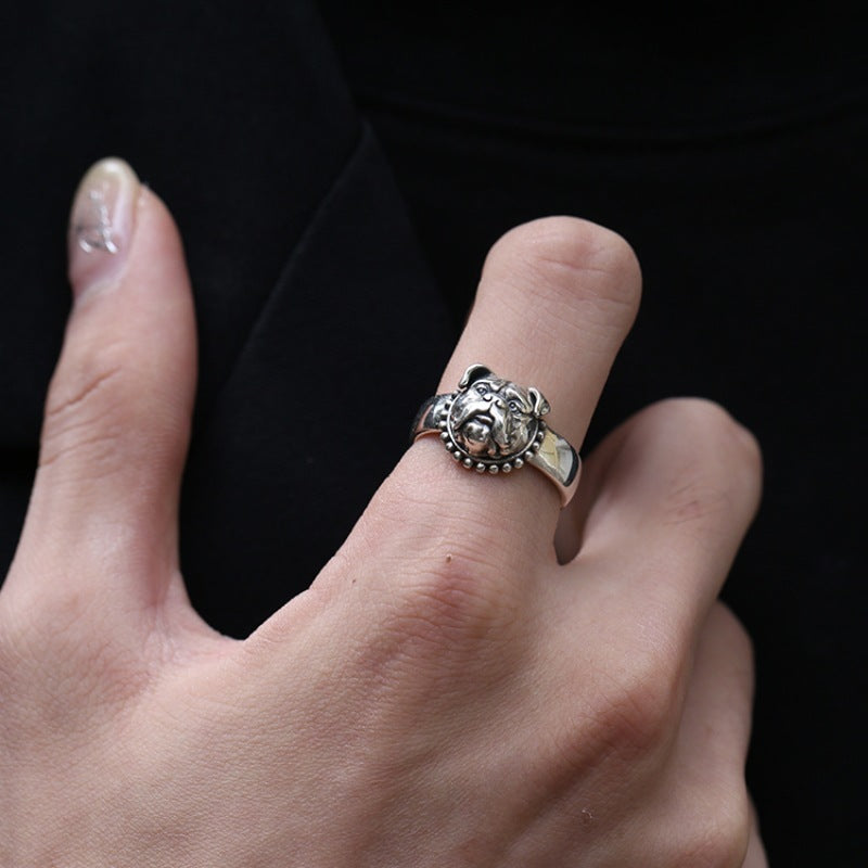 Thai Silver Retro Personality Dog Ring Trendy Adjustable