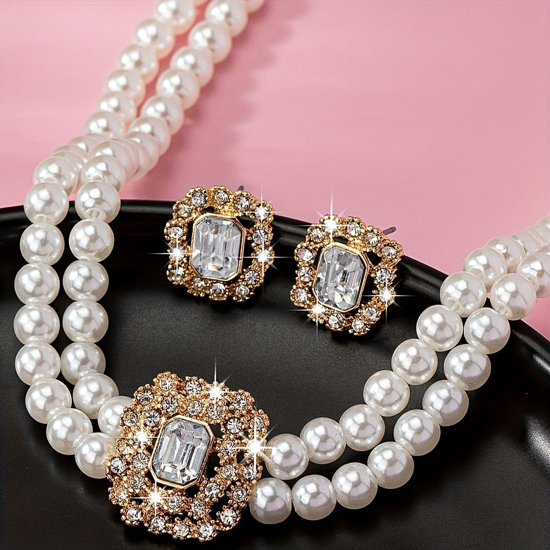 Stylish Elegant Double Row Pearl Square Diamond-studded Necklace Earings Set
