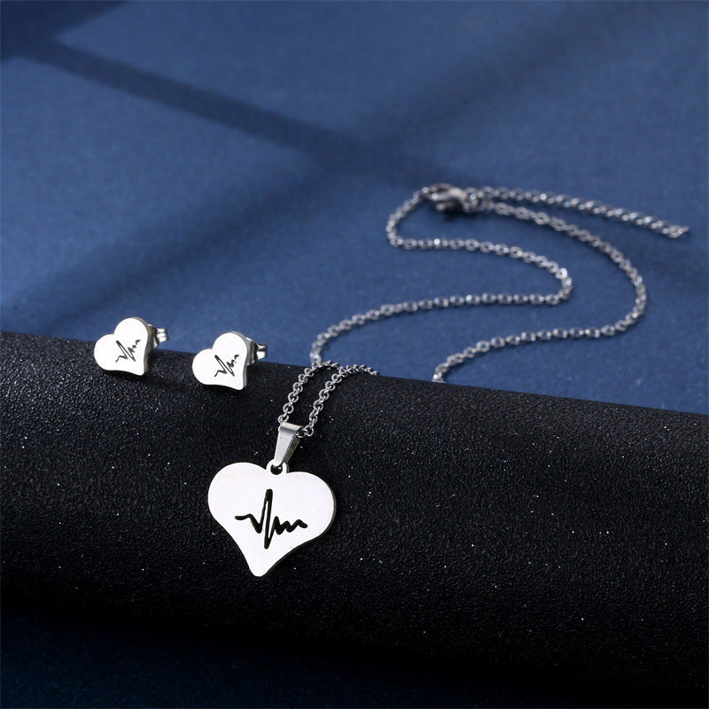 Stainless Steel Necklace Ear Stud Combination Suit