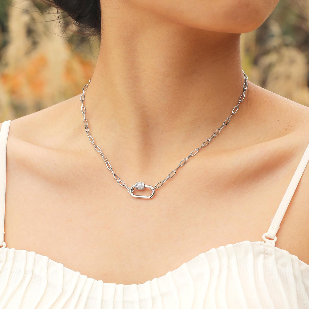 Small Square Chain Zircon Oval Pendant Necklace