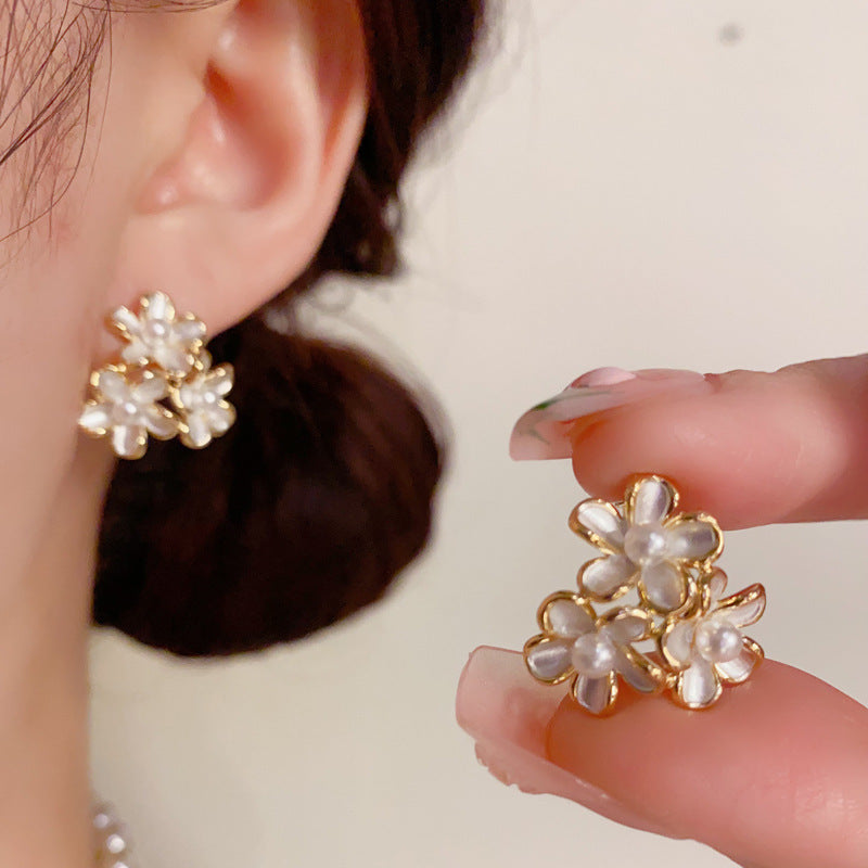 White Three-petal Flower Stud Earrings
