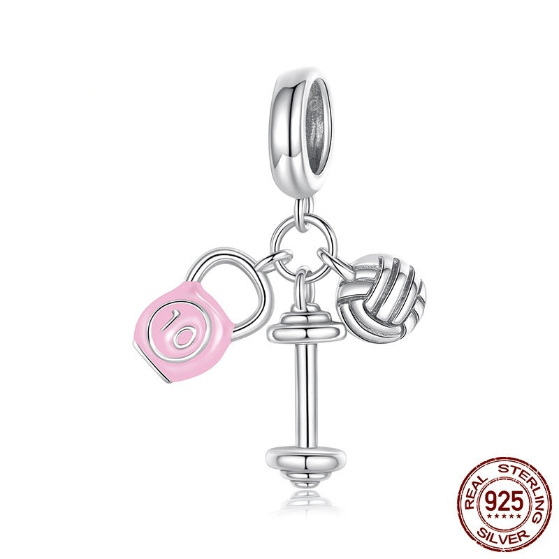 Kettlebell Volleyball Dumbbell Pendant Parts S925 Sterling Silver Beads