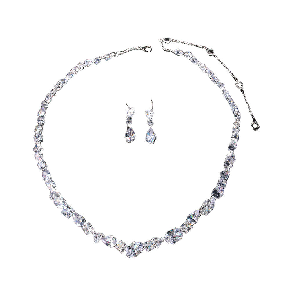 Simple Full Rhinestone Zircon Necklace And Earrings Suite