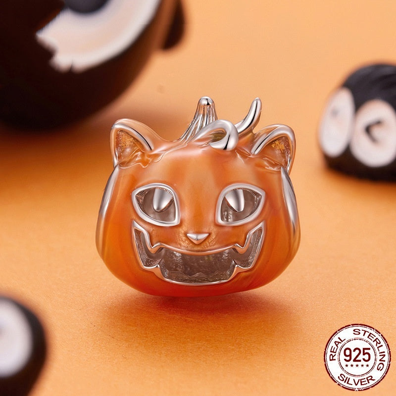 Halloween Luminous Oil Dripping Pumpkin Cat S925 Sterling Silver Beads