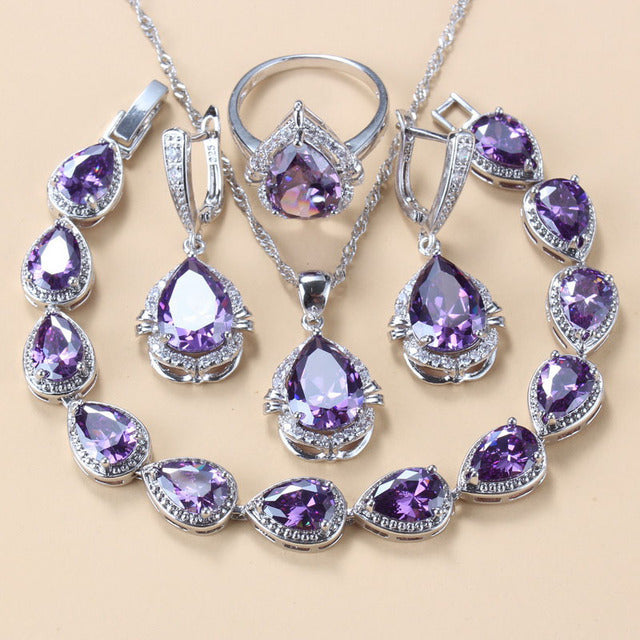 Gem-inlaid Pendant Earrings Necklace And Four-piece Ring Set Pack