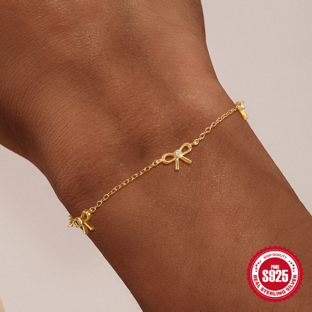 S925 Sterling Silver Bow Diamond Piercing Ear Bone Stud Bracelet Necklace Jewelry Suit