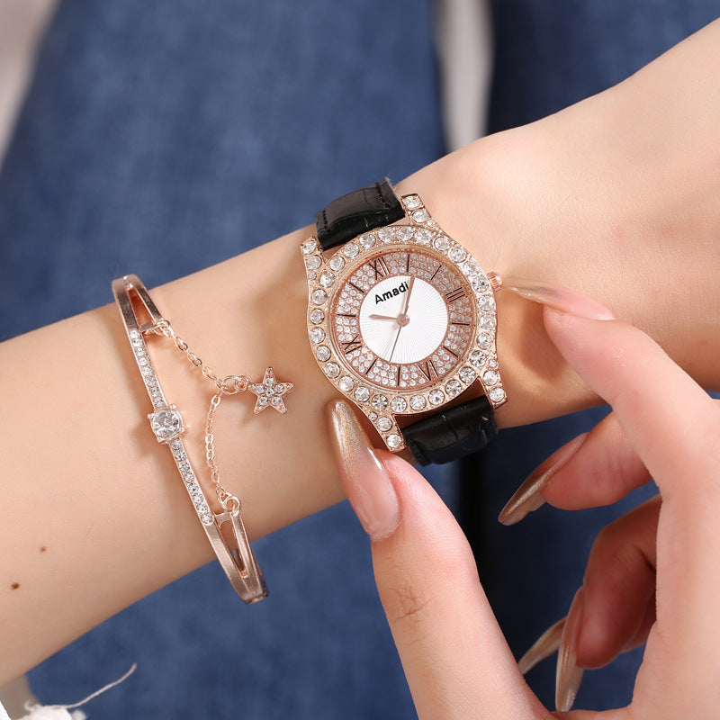 Women's Diamond-embedded Roman Face Simple Fashion All-match Quartz Watch Gift Box