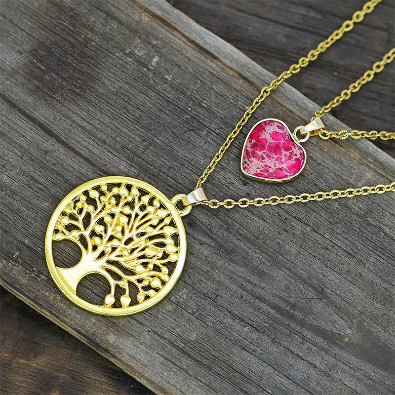 2-layer Red Heart Emperor Stone Life Tree Pendant Necklace