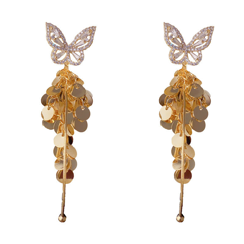 Female High-end Zircon Butterfly Disc Tassel Earrings