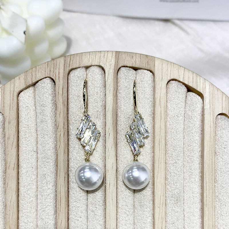 French Elegant Micro Inlaid Sparkling Diamond Pearl Hook Earrings