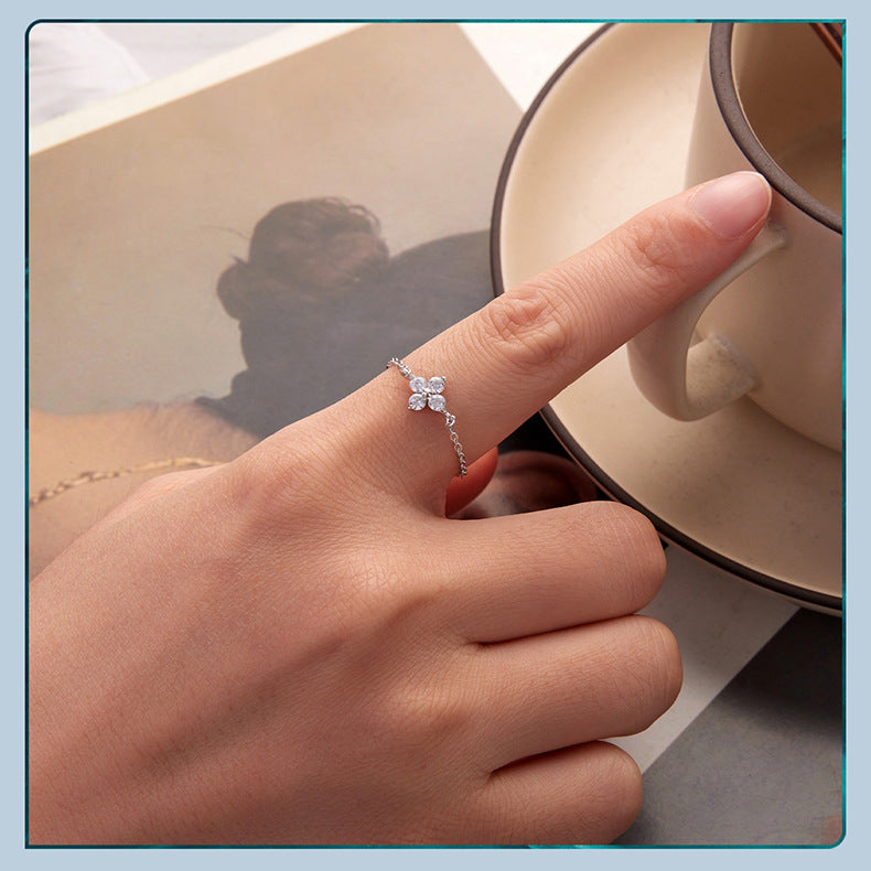 S925 Sterling Silver Four-leaf Clover Lucky Chain Ring