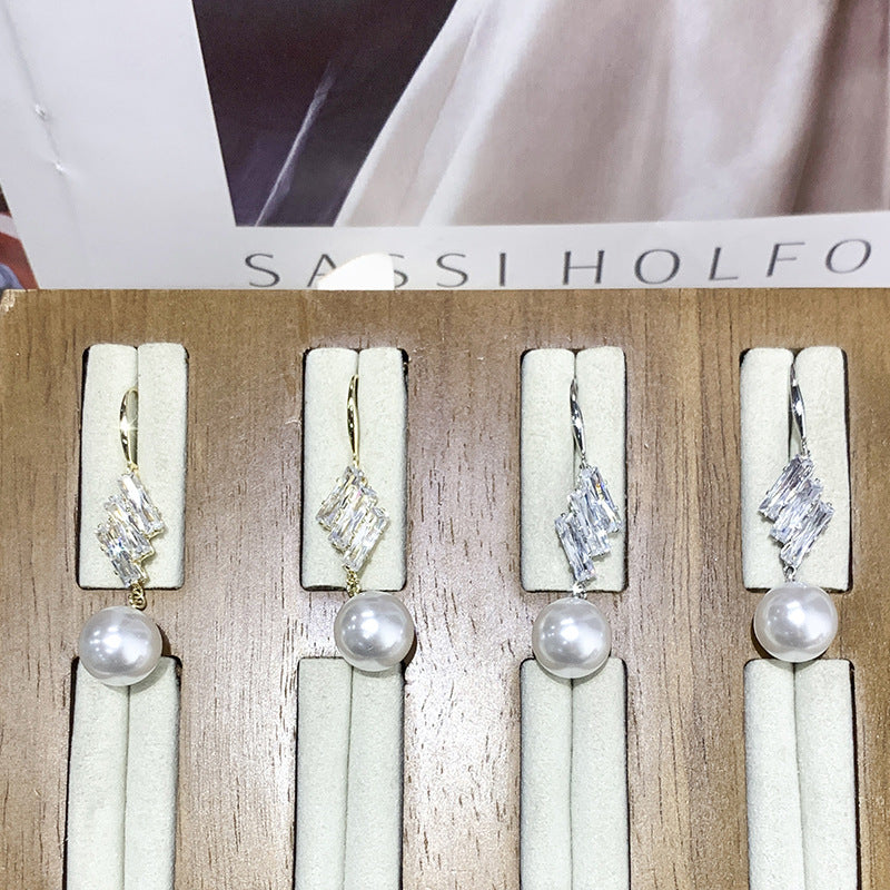 French Elegant Micro Inlaid Sparkling Diamond Pearl Hook Earrings