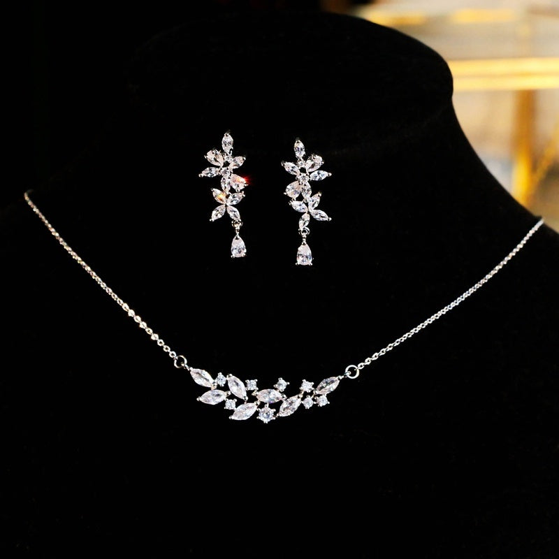 French Exquisite Zircon Leaves Super Fairy Bridal Wedding Necklace Earrings