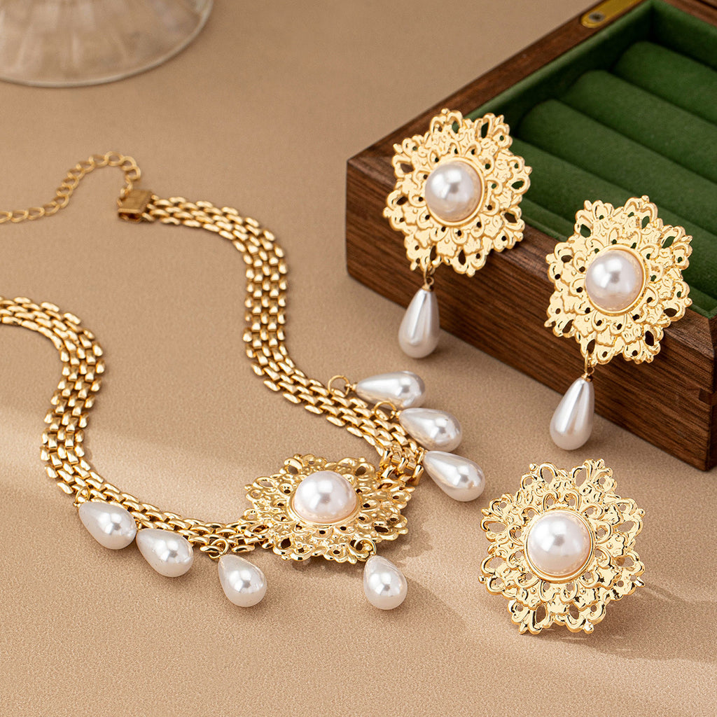 French Retro Hollow Flower Pearl Tassel Necklace Ear Stud Ring