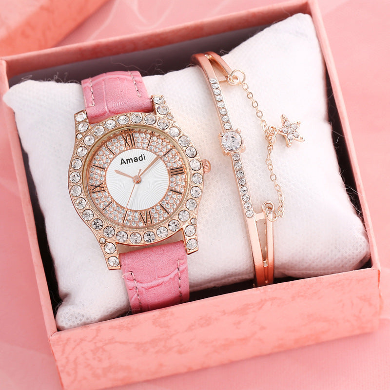 Women's Diamond-embedded Roman Face Simple Fashion All-match Quartz Watch Gift Box