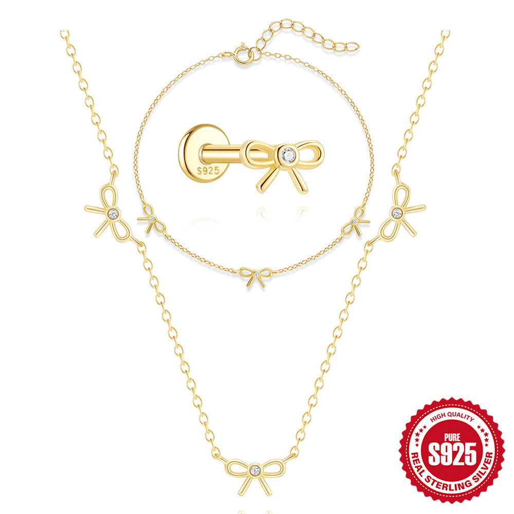 S925 Sterling Silver Bow Diamond Piercing Ear Bone Stud Bracelet Necklace Jewelry Suit