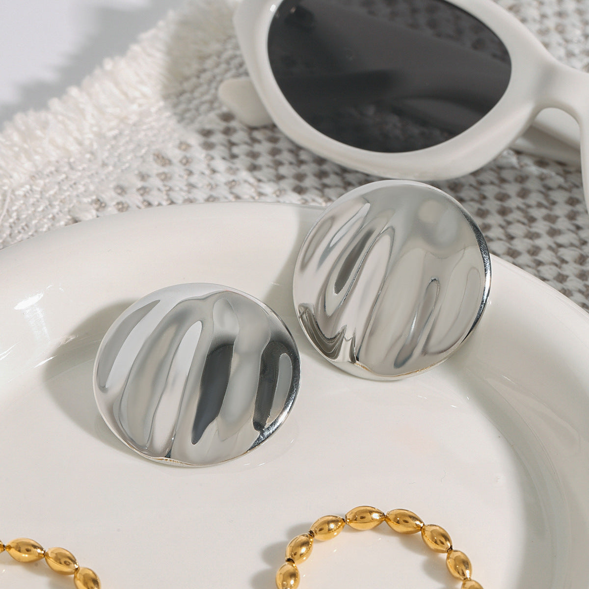 Stud Steel Color Stainless Steel Round Wave Earrings