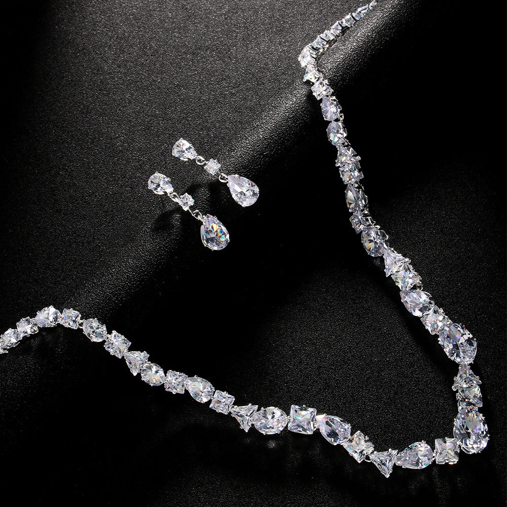 Simple Full Rhinestone Zircon Necklace And Earrings Suite