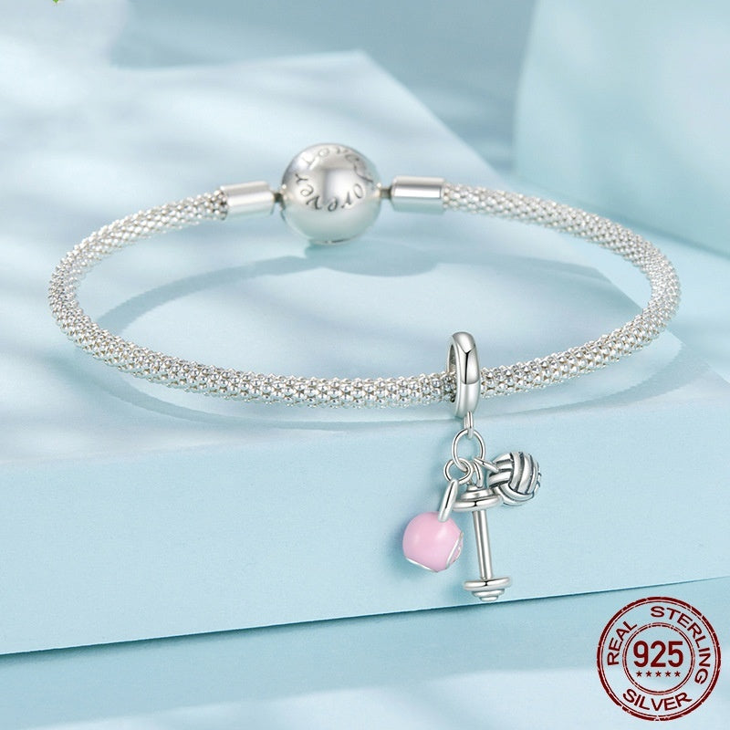 Kettlebell Volleyball Dumbbell Pendant Parts S925 Sterling Silver Beads