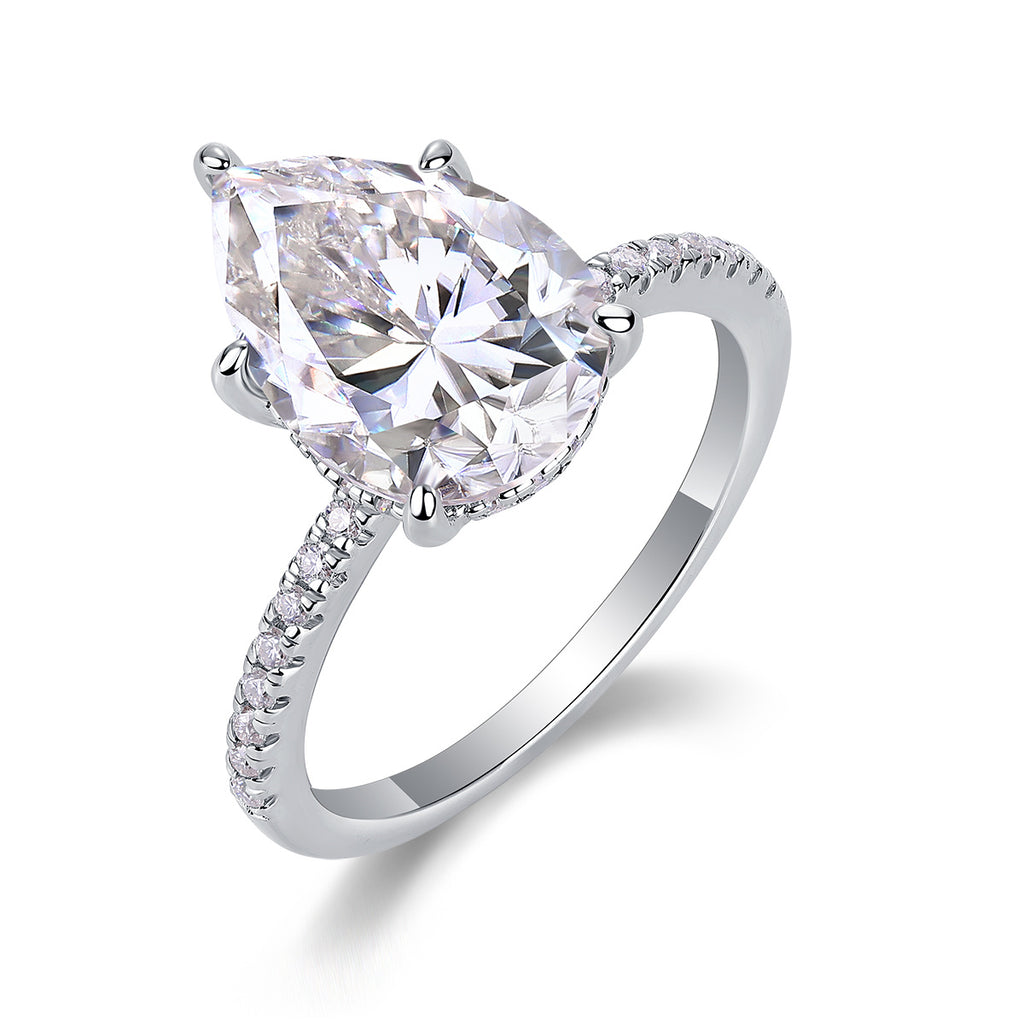 Light And Shadow - A Wedding Ring Set With Top-quality Pear-shaped Moissanite S925 In Silver And Platinum-plated. The Ring Can Be Inspected With A Diamond Pen
