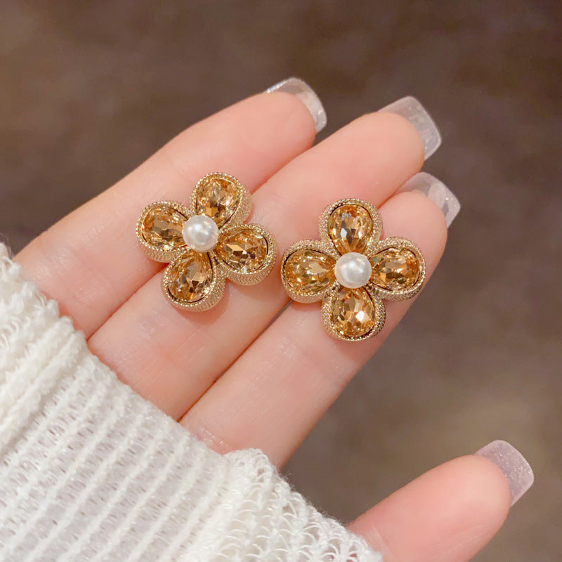 Coffee Color Rhinestone Pearl Petal Stud Earrings